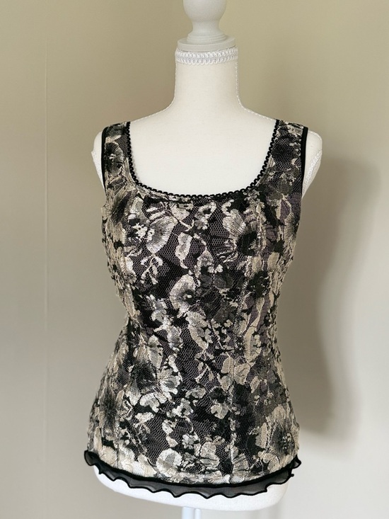 Cocomo Tops - Y2K tank top whimsygoth emo Black and Cream Floral Lace Tank Top Ruffle details